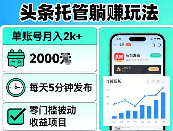 头条托管躺賺玩法，单账号月入2k+，每天5分钟发布即可，零门槛被动收益项目【揭秘】-悦享网