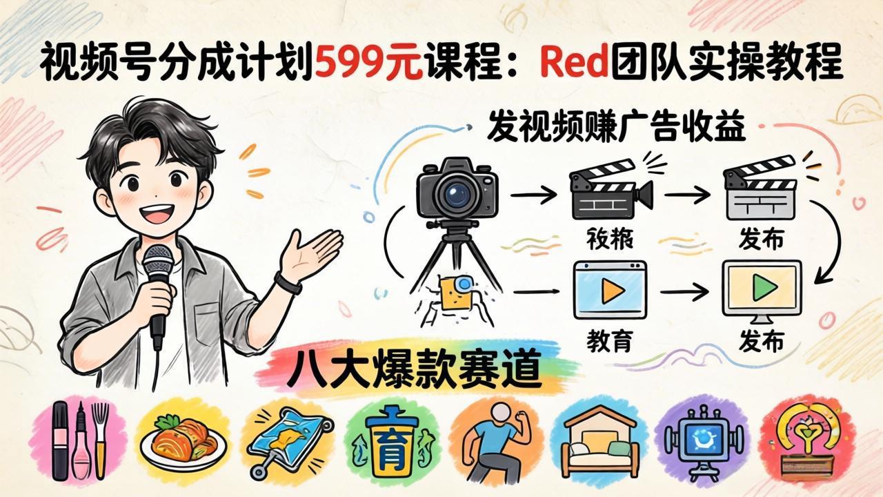 视频号分成计划599元课程：Red团队实操教程，发视频赚广告收益，八大爆款赛道全掌握-悦享网