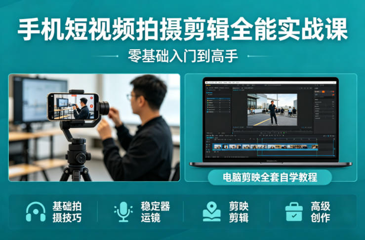 手机短视频拍摄剪辑全能实战课：零基础入门到高手，稳定器运镜+电脑剪映全套自学教程-悦享网