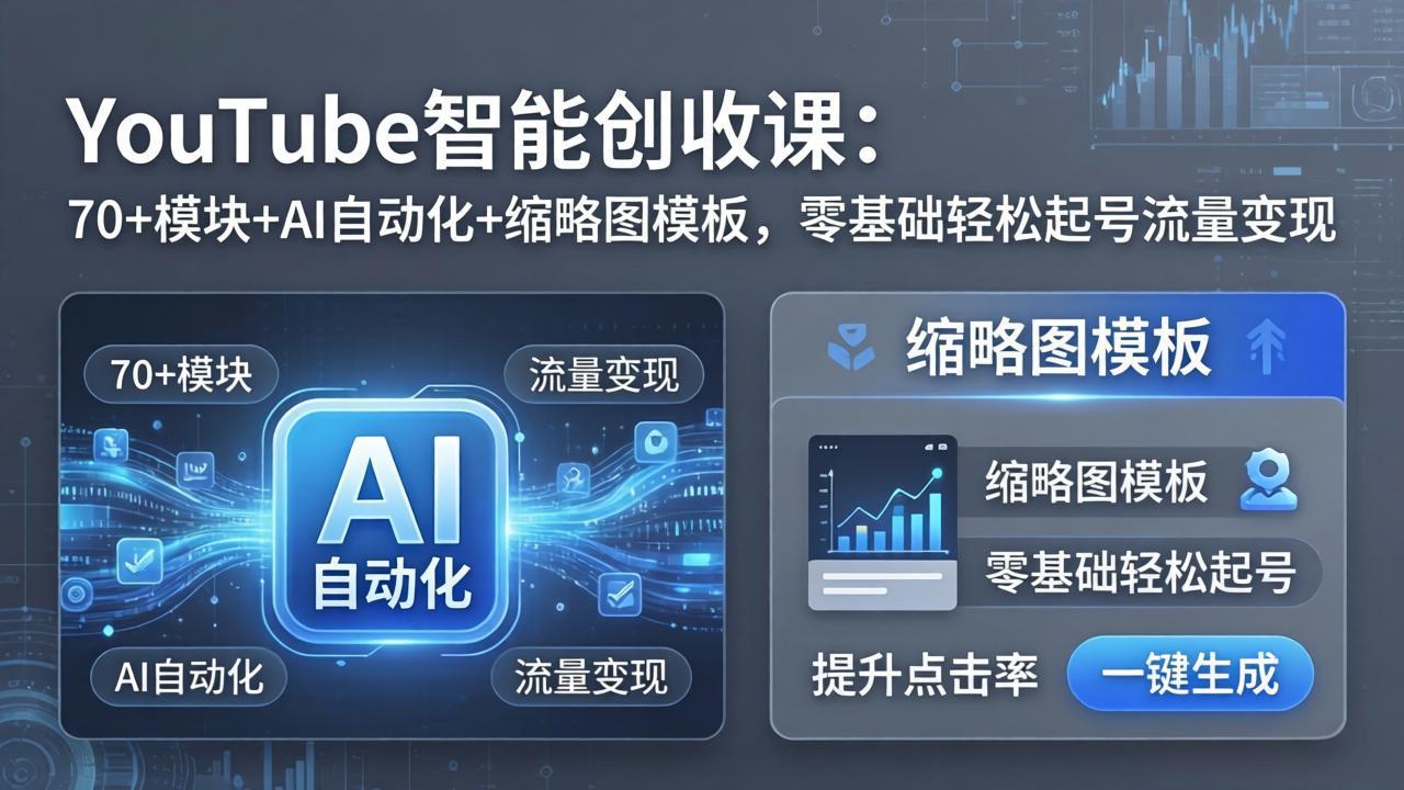 YouTube智能创收课：70+模块+AI自动化+缩略图模板，零基础轻松起号流量变现-悦享网