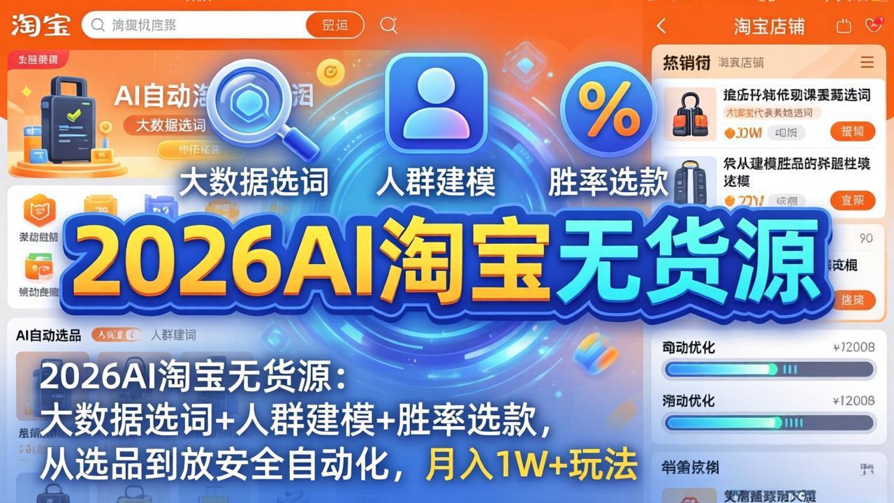 2026AI淘宝无货源-4月更新：大数据选词+人群建模+胜率选款，从选品到放大全自动化，月入1W+玩法-悦享网