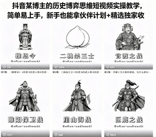 抖音某博主的历史博弈思维短视频实操教学，简单易上手，新手也能拿伙伴计划+精选独家收益-悦享网