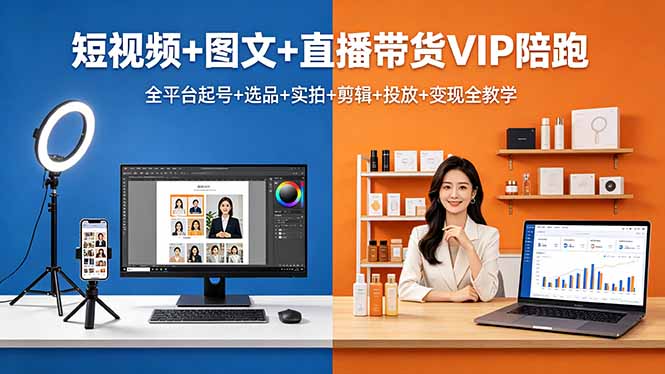 短视频+图文+直播带货VIP陪跑，全平台起号+选品+实拍+剪辑+投放+变现全教学-悦享网