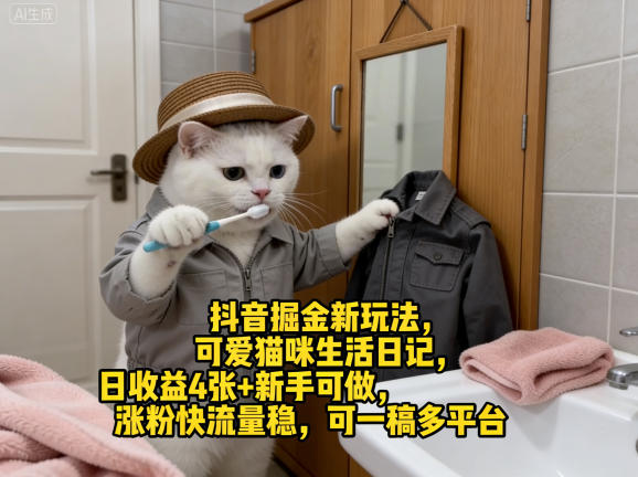 抖音掘金新玩法，可爱猫咪生活日记，日收益4张+新手可做，涨粉快流量稳，可一稿多平台-悦享网