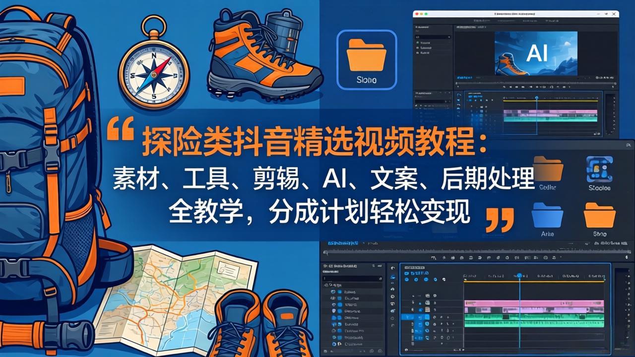 探险类抖音精选视频教程：素材、工具、剪辑、AI、文案、后期处理全教学，分成计划轻松变现-悦享网