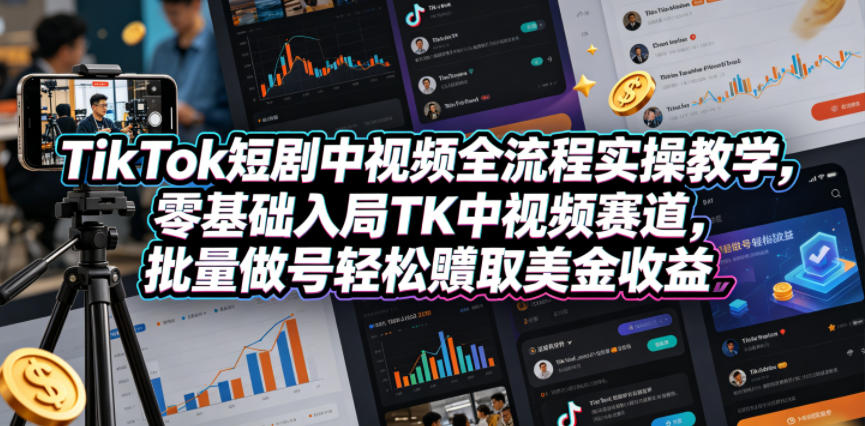 TikTok短剧中视频全流程实操教学，零基础入局TK中视频赛道，批量做号轻松賺取美金收益-悦享网