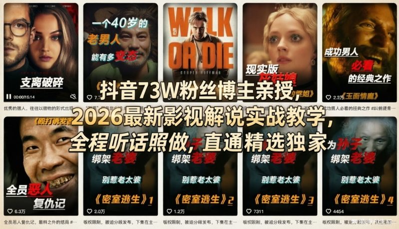 抖音73W粉丝博主亲授，2026最新影视解说实战教学，全程听话照做，直通精选独家-悦享网
