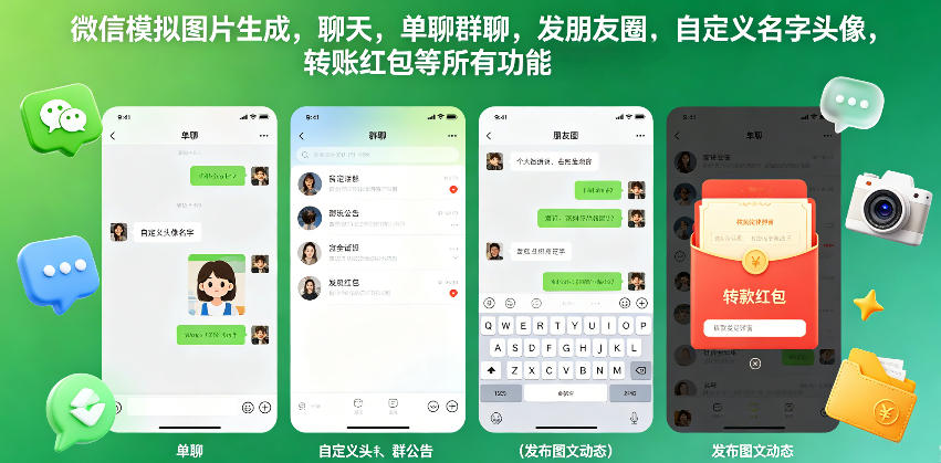 微信模拟图片生成，聊天，单聊群聊，发朋友圈，自定义名字头像，转账红包等所有功能都可以生成-悦享网