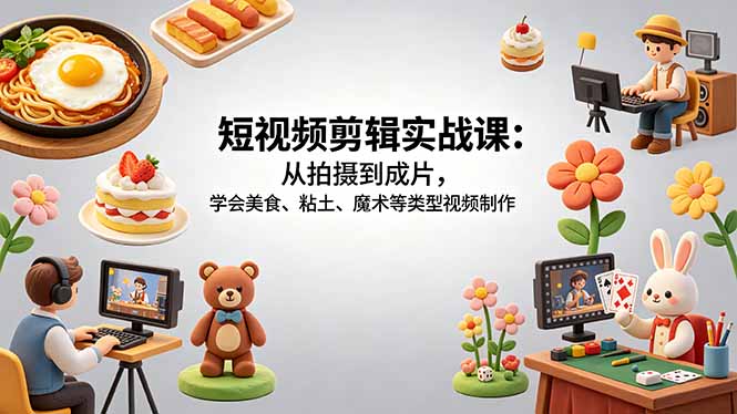短视频剪辑实战课：从拍摄到成片，学会美食、粘土、魔术等类型视频制作-悦享网