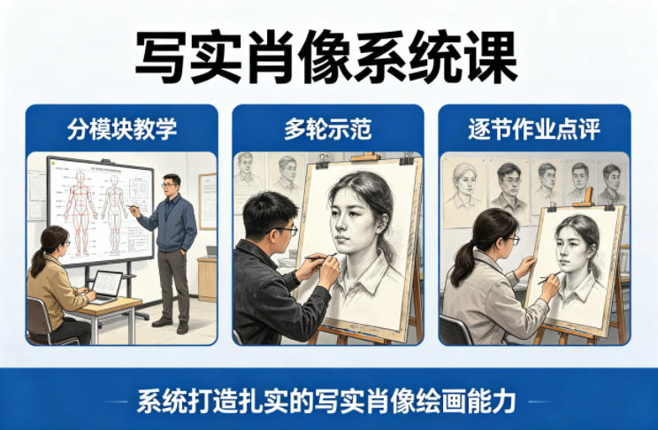 写实肖像系统课，全程分模块教学+多轮示范+逐节作业点评，系统打造扎实的写实肖像绘画能力-悦享网