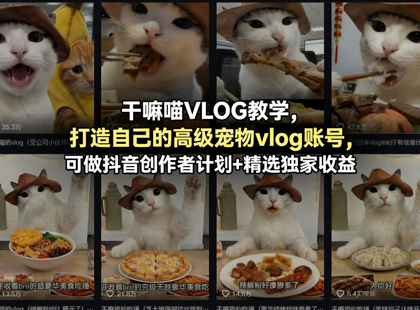 干嘛喵VLOG教学，打造自己的高级宠物vlog账号，可做抖音创作者计划+精选独家收益-悦享网