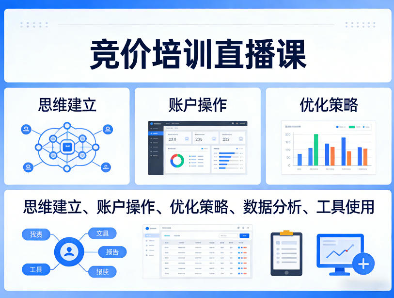 竞价培训直播课,覆盖思维建立、账户操作、优化策略、数据分析、工具使用等,全方位提升效果