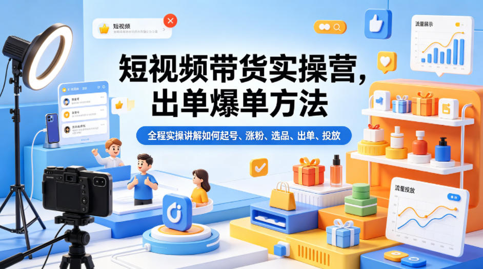 短视频带货实操营，出单爆单方法，全程实操讲解如何起号、涨粉、选品、出单、投放-悦享网