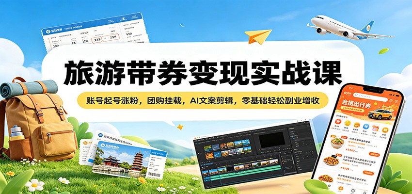 旅游带券变现实战课：账号起号涨粉，团购挂载，AI文案剪辑，零基础轻松副业增收-悦享网