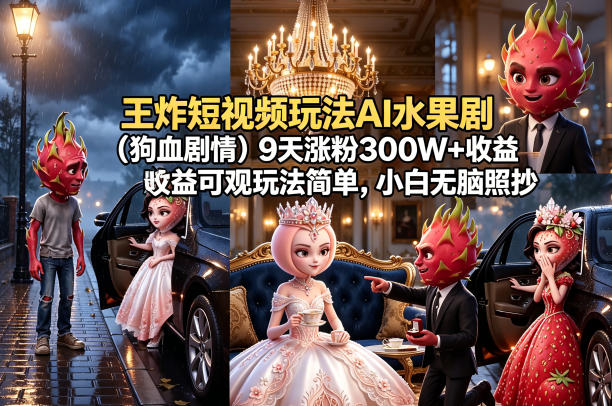 王炸短视频玩法AI水果剧(狗血剧情)9天涨粉300W+收益可观玩法简单，小白无脑照抄，详细拆解玩法-悦享网