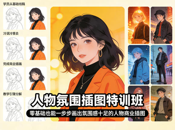 人物氛围插图特训班，零基础也能一步步画出氛围感十足的人物商业插图-悦享网