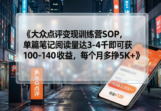 大众点评变现训练营SOP，单篇笔记阅读量达3-4千即可获100-140收益，每个月多挣5K+-悦享网